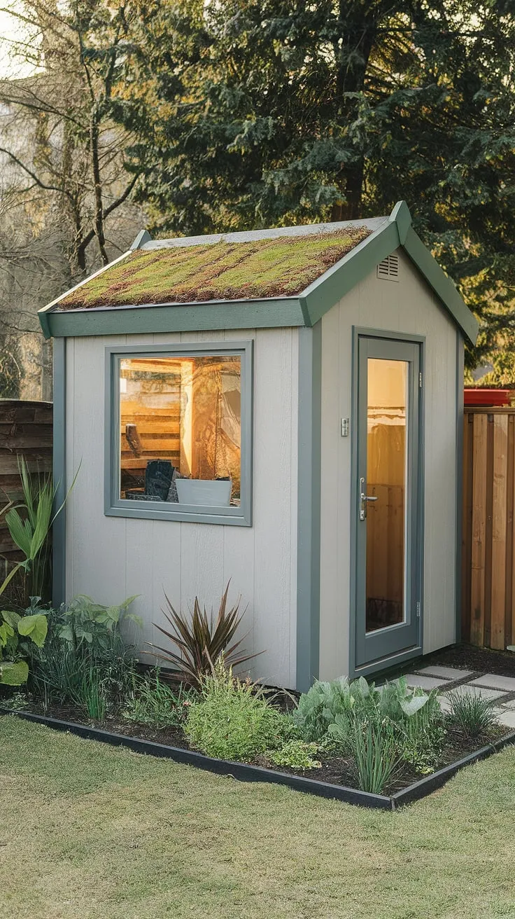 A green-roofed backyard office shed blends harmoniously with its lush garden setting