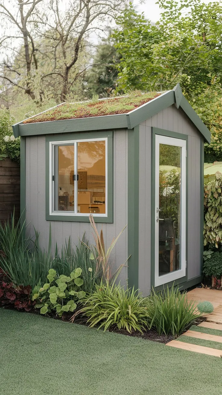 Escape to a tranquil backyard office nestled amongst flourishing greenery