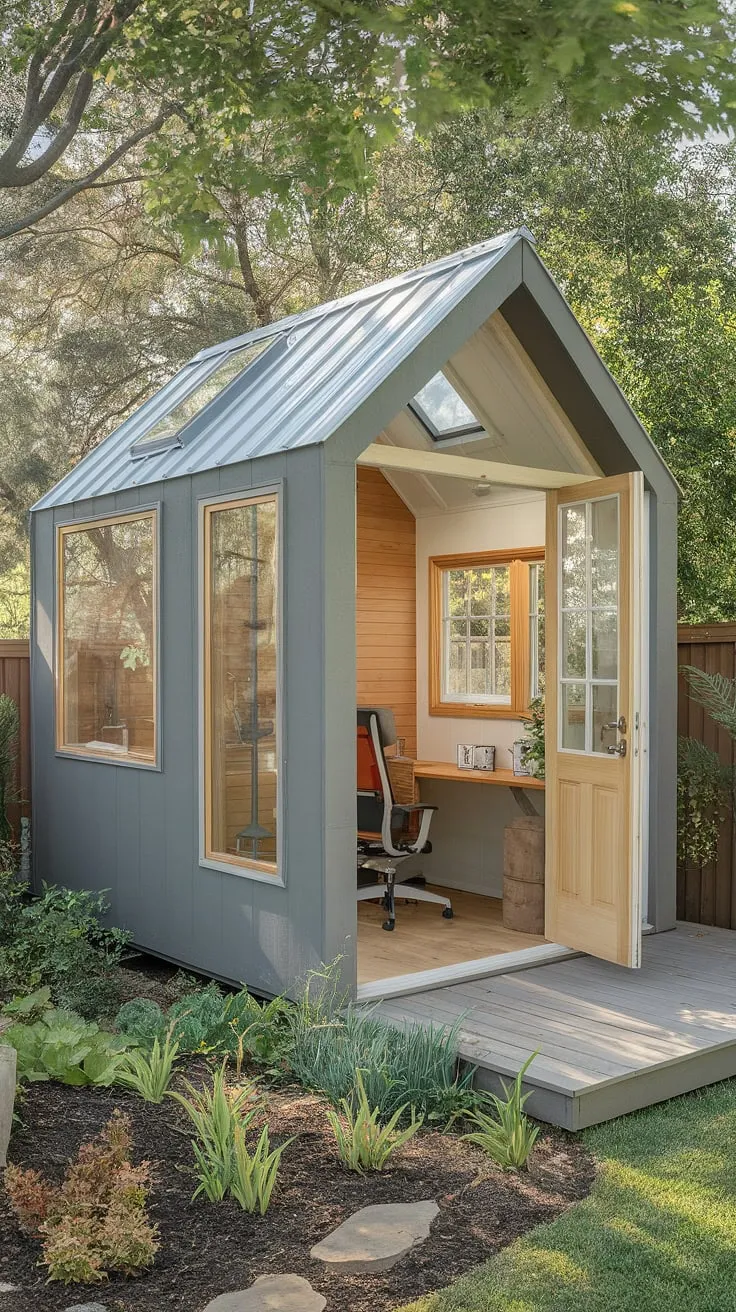 A tranquil backyard retreat, this prefab wooden office offers a peaceful workspace nestled amongst lush greenery.