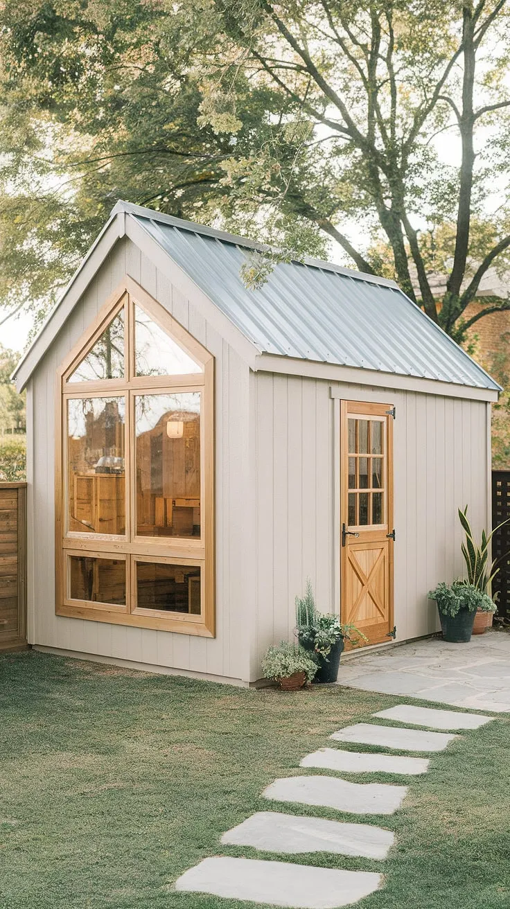 A light beige wooden shed with a metal roof and stone path provides a peaceful outdoor retreat.