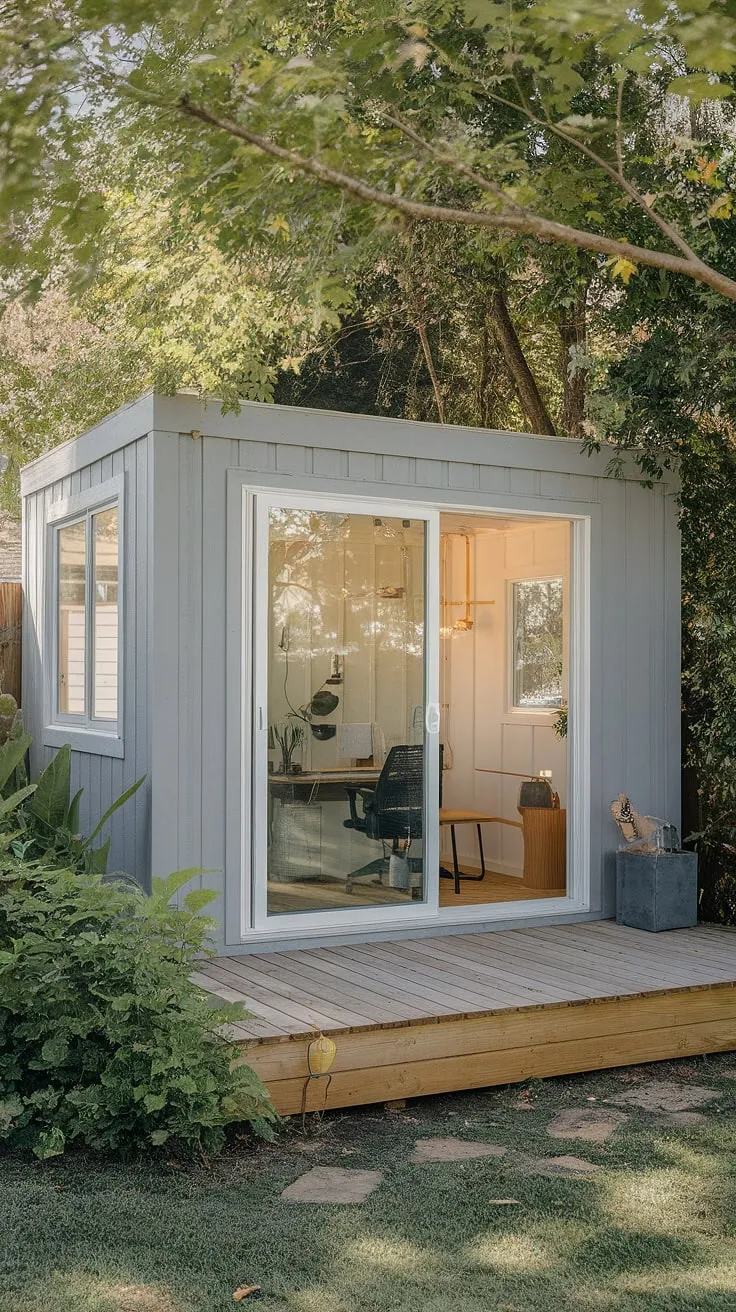 A private, green oasis awaits in this backyard prefab office, perfect for focused work.