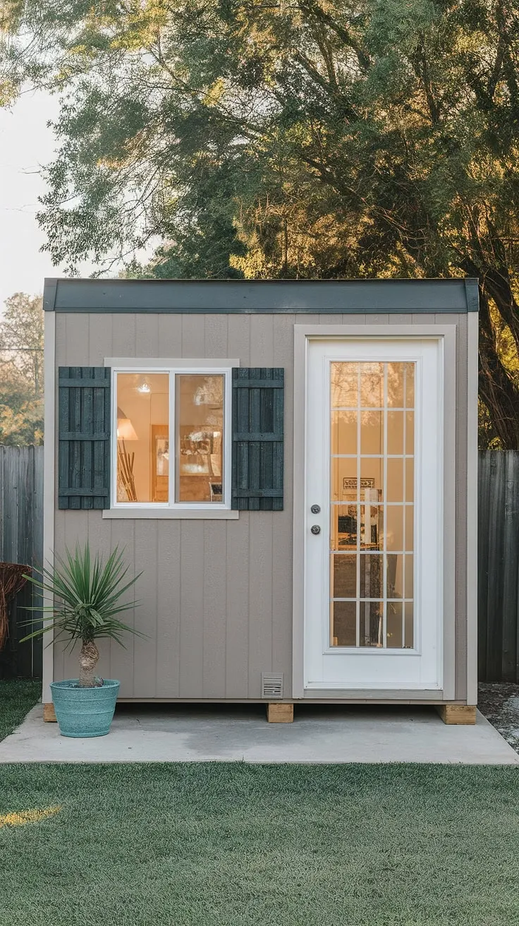 A tranquil backyard office, a prefab shed nestled on concrete, offers a peaceful workspace surrounded by nature.
