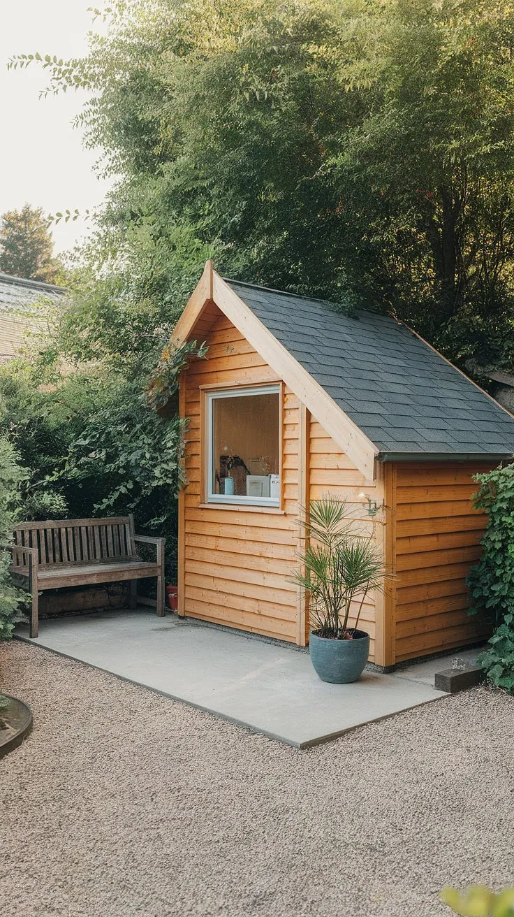 A serene garden retreat provides a productive and inspiring environment within a charming wooden shed.