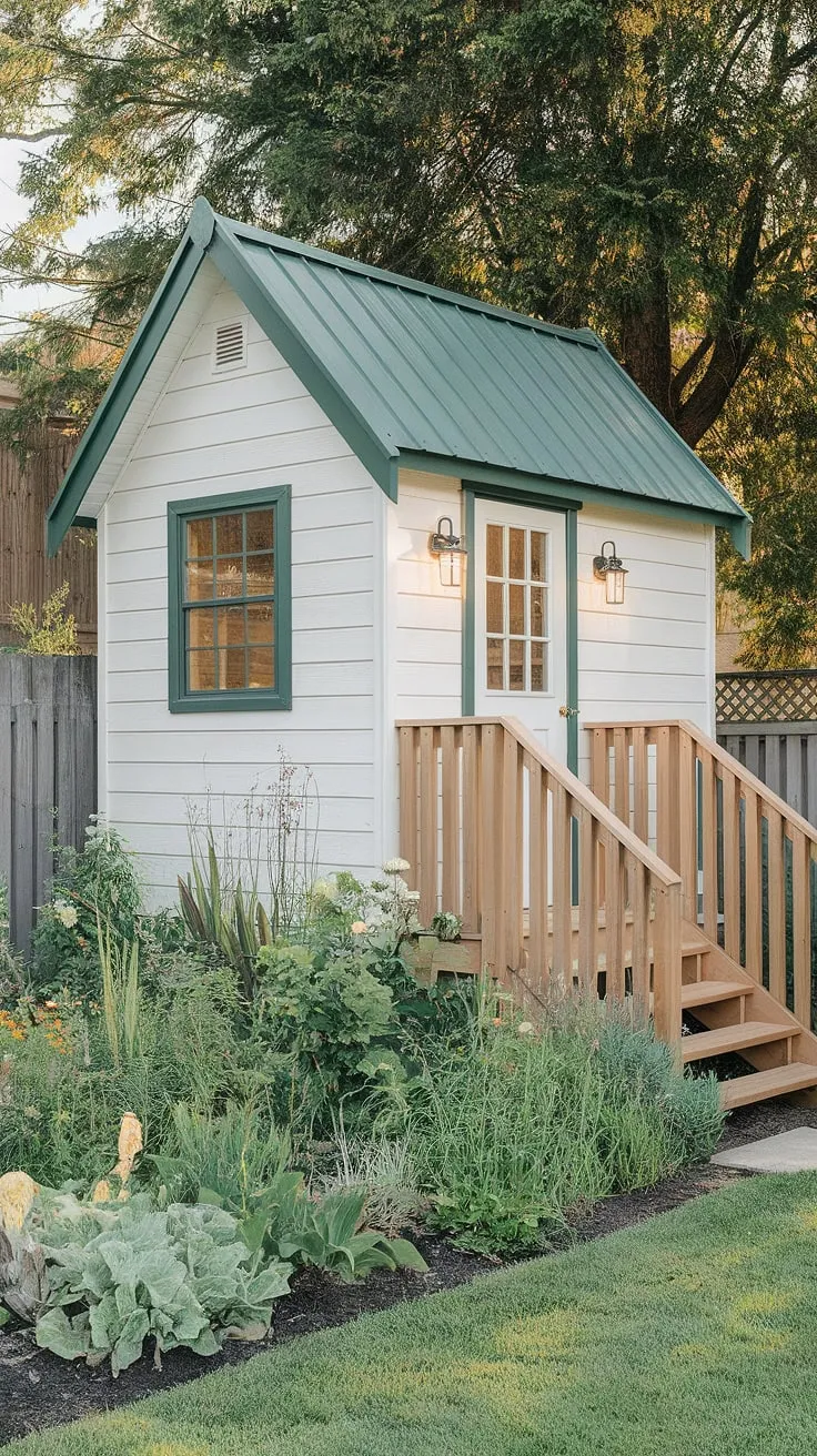 A tranquil garden office, complete with wooden stairs and a verdant roof, provides a secluded workspace.