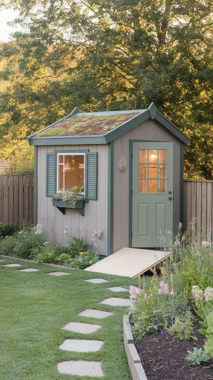 A tranquil garden office, complete with green roof and wooden ramp, offers a peaceful escape.