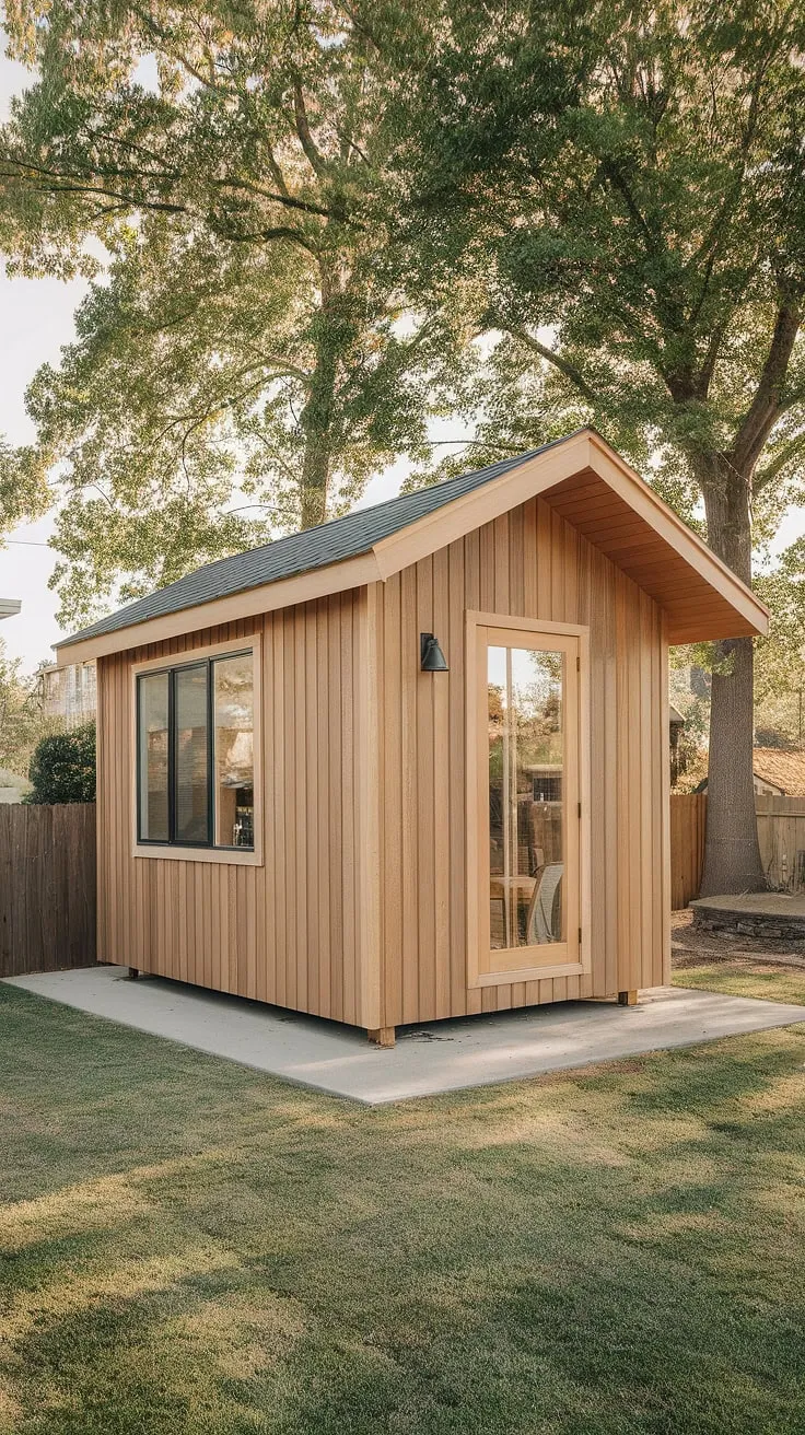 A charming wooden prefab office, complete with gable roof and window, sits peacefully in a grassy backyard.
