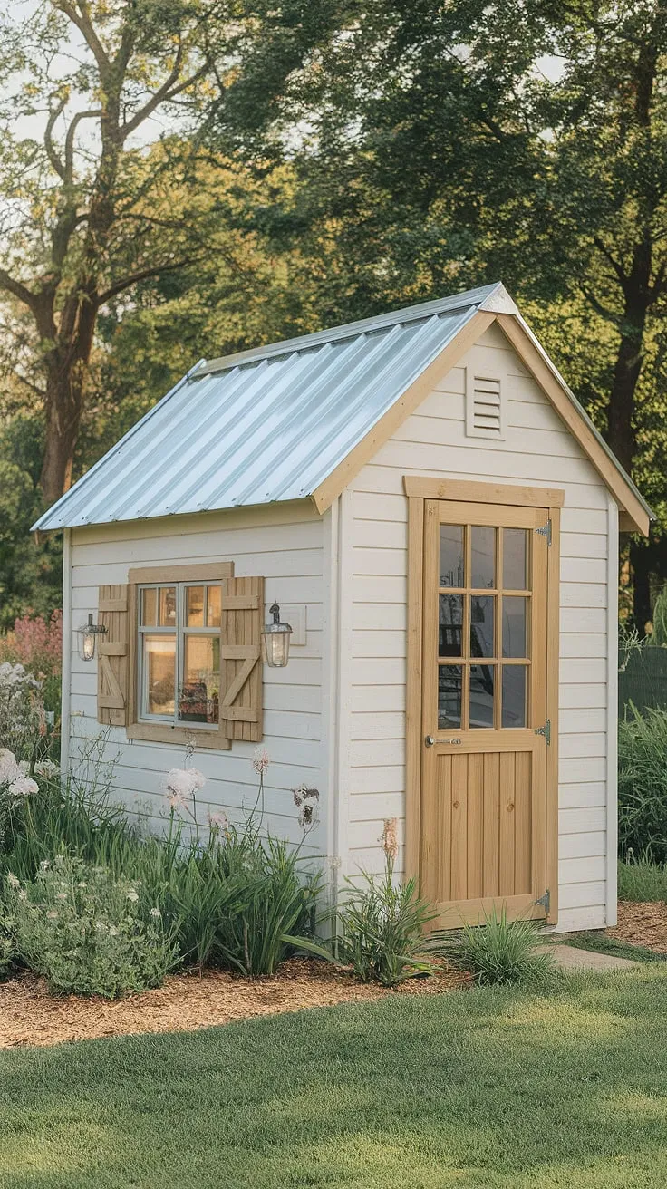A charming white shed nestled in a vibrant garden offers a peaceful, private workspace.
