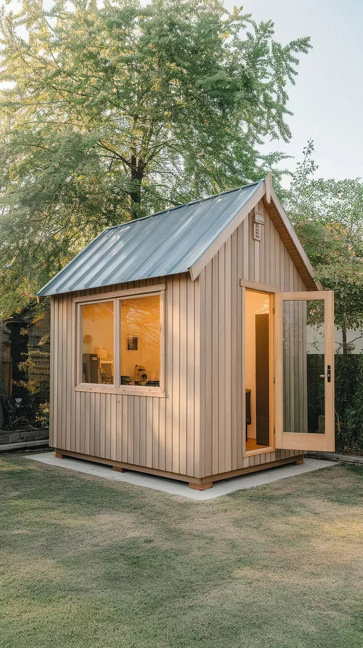 The backyard's tranquil setting complements the functional prefab office shed.