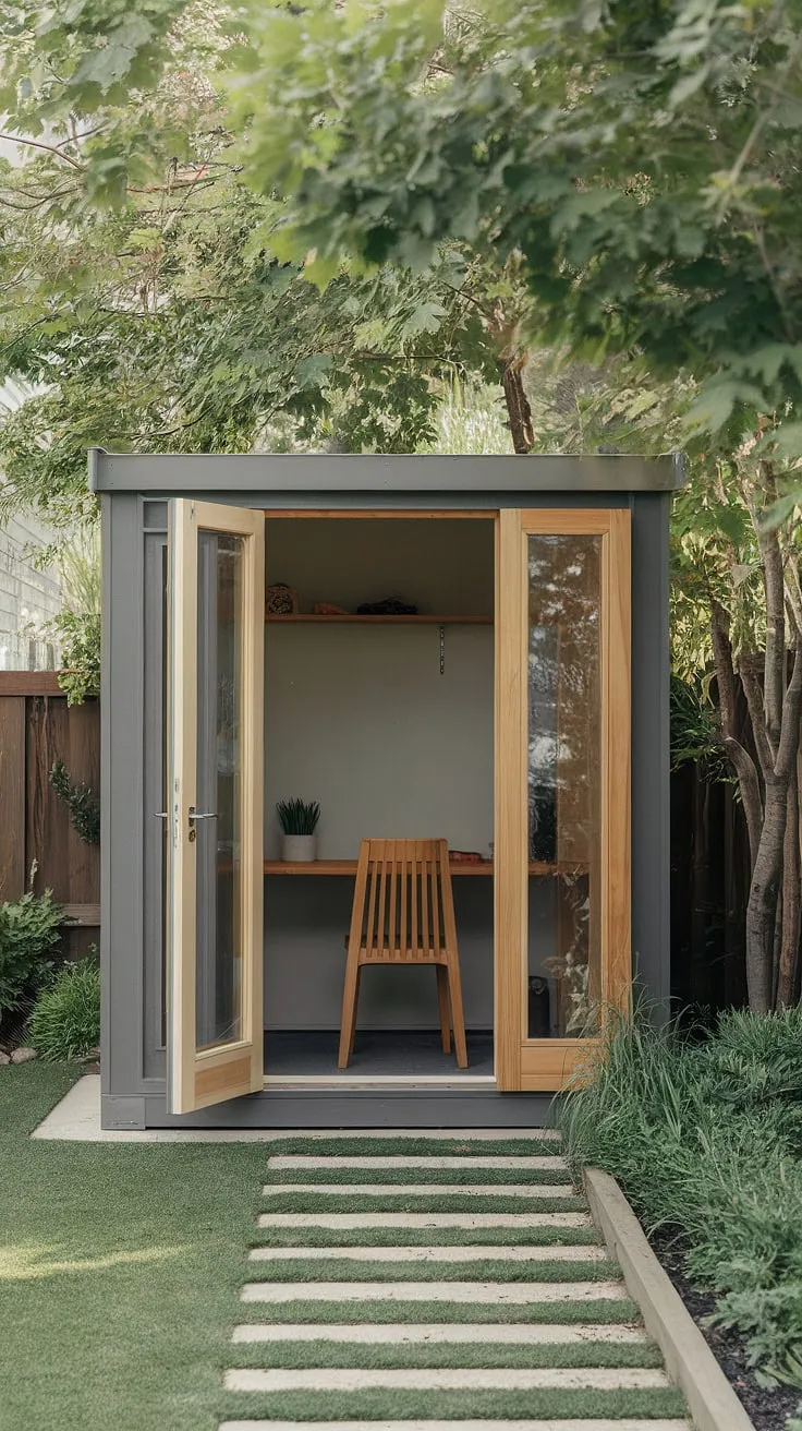Escape to a serene backyard office nestled amidst lush greenery, offering a peaceful workspace away from home.