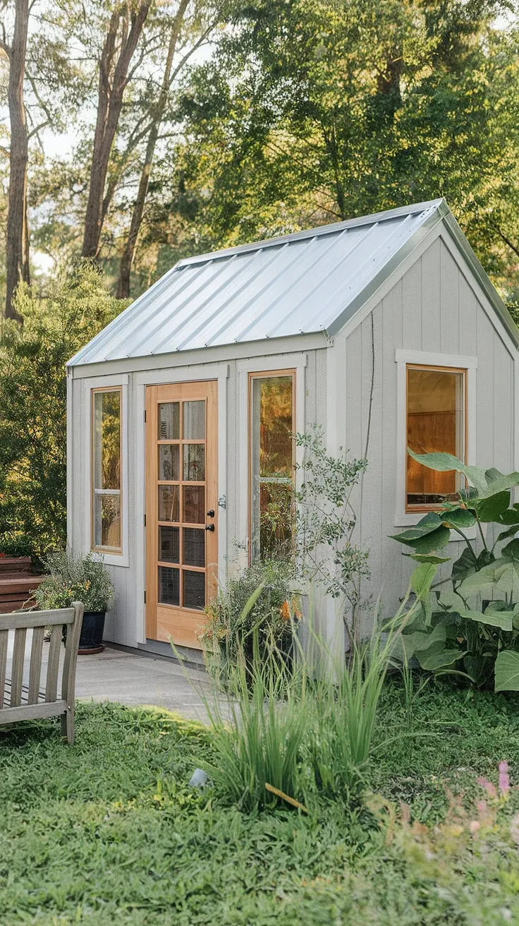 A tranquil white shed nestled in a verdant backyard offers a peaceful escape for focused work.