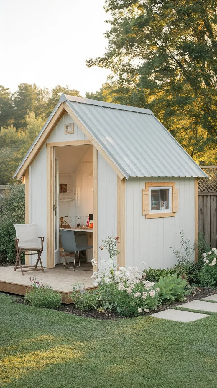A charming white shed-office, nestled in a vibrant garden, offers a peaceful workspace.