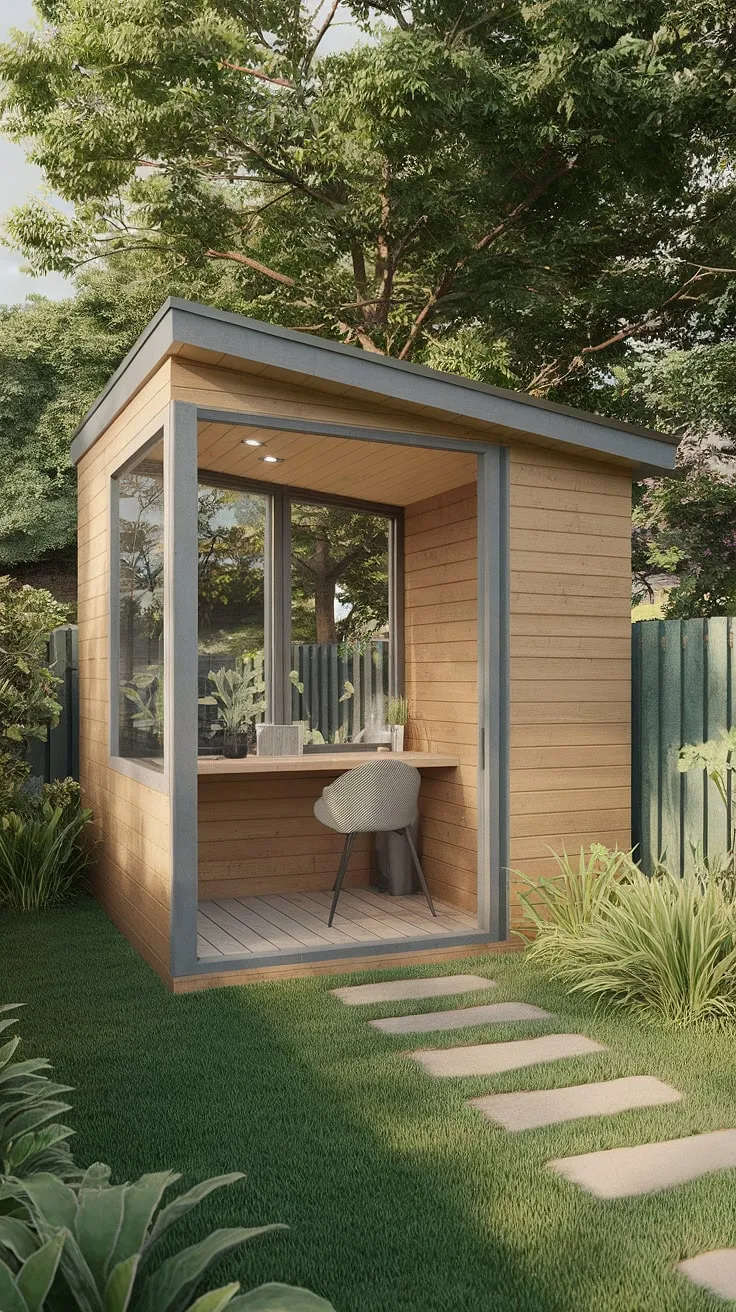 A charming wooden prefab office, nestled in a vibrant garden, offers a peaceful and productive workspace.