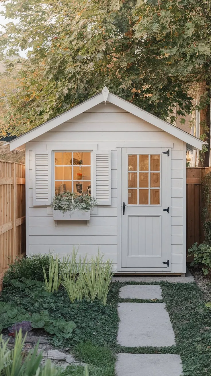 A secluded white wooden shed provides a tranquil workspace amidst flourishing greenery