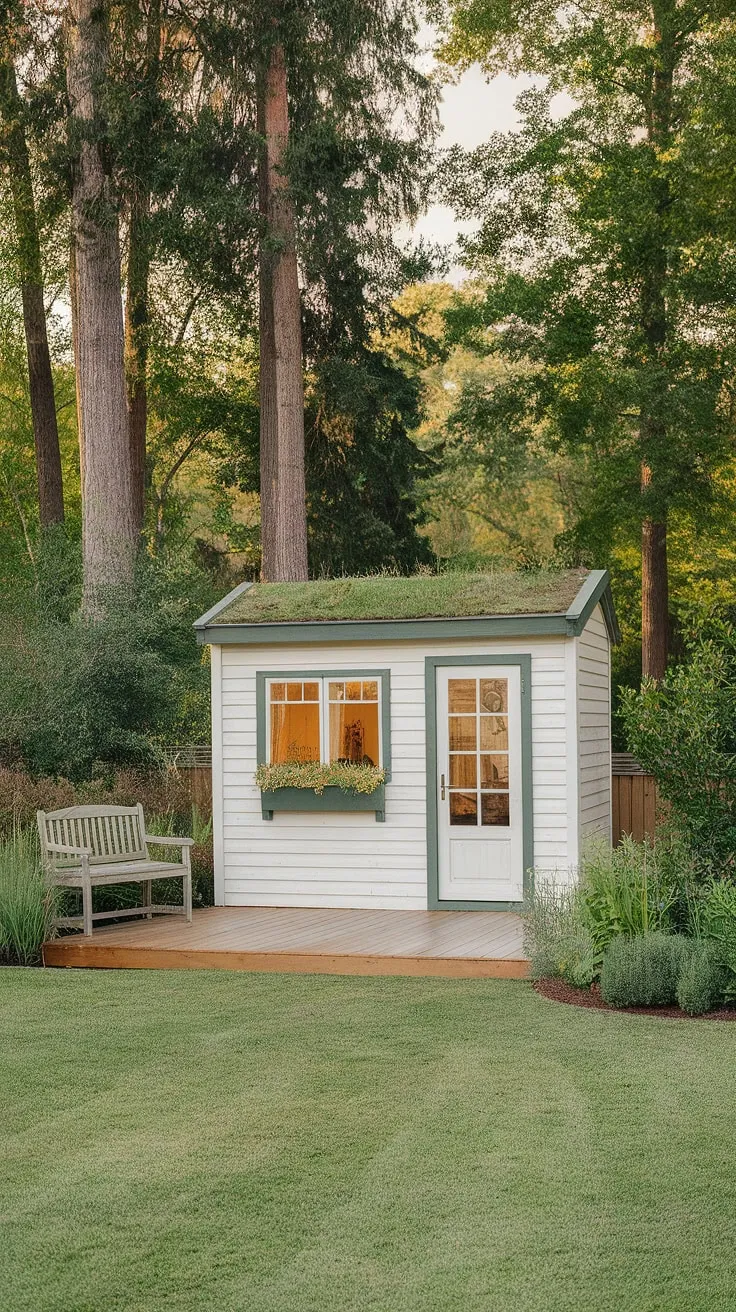 Find tranquility and productivity in a charming white shed backyard office nestled amongst lush greenery.