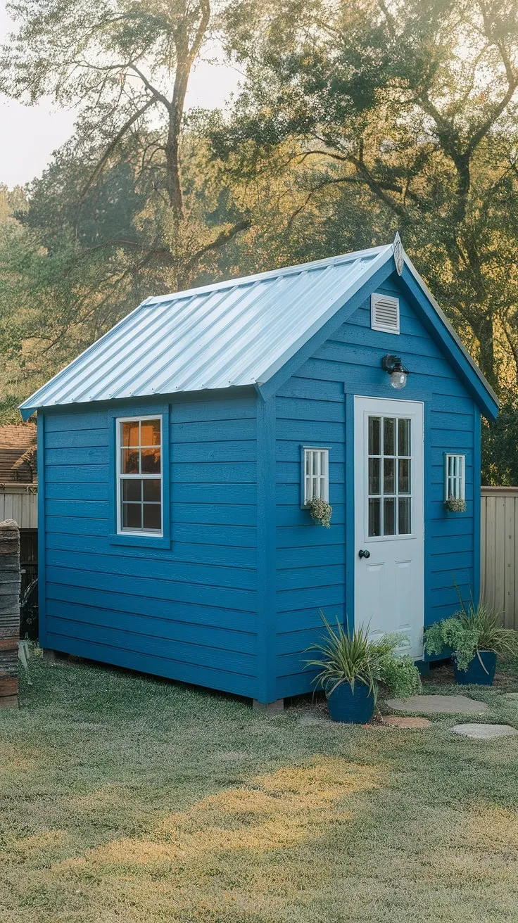 A tranquil backyard retreat, this blue prefab office provides a private workspace.