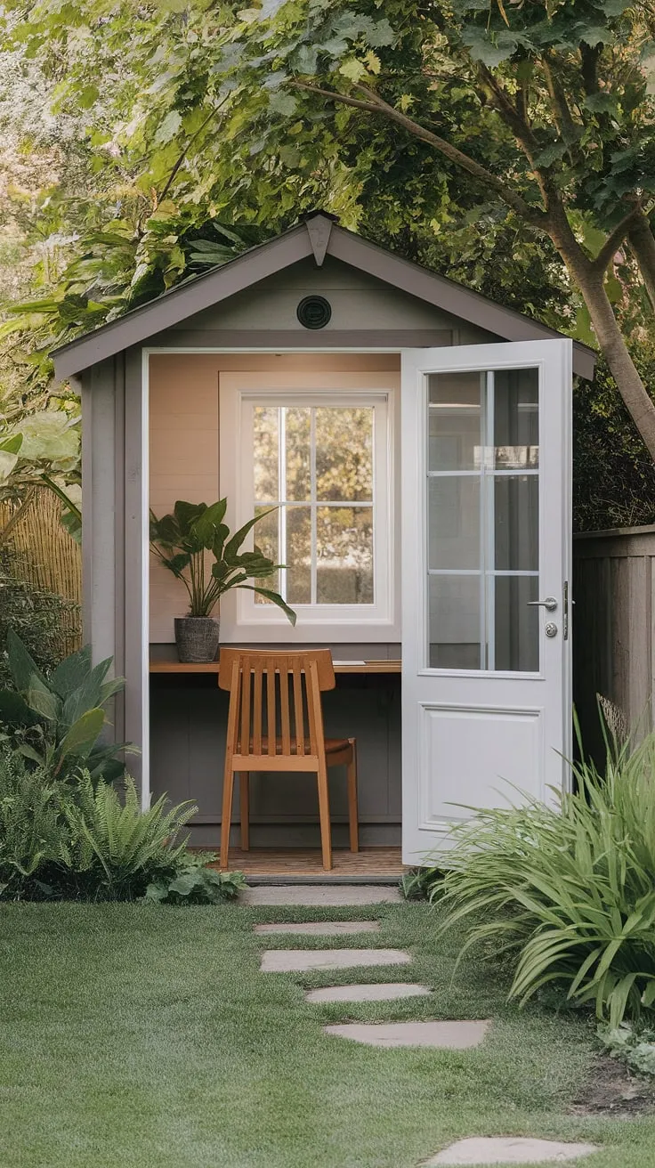A tranquil backyard garden houses a charming prefab office shed, complete with desk, chair, and potted plant, offering a peaceful workspace amidst nature.