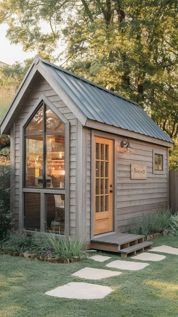 A wooden prefab shed provides an idyllic retreat for focused work amidst nature.