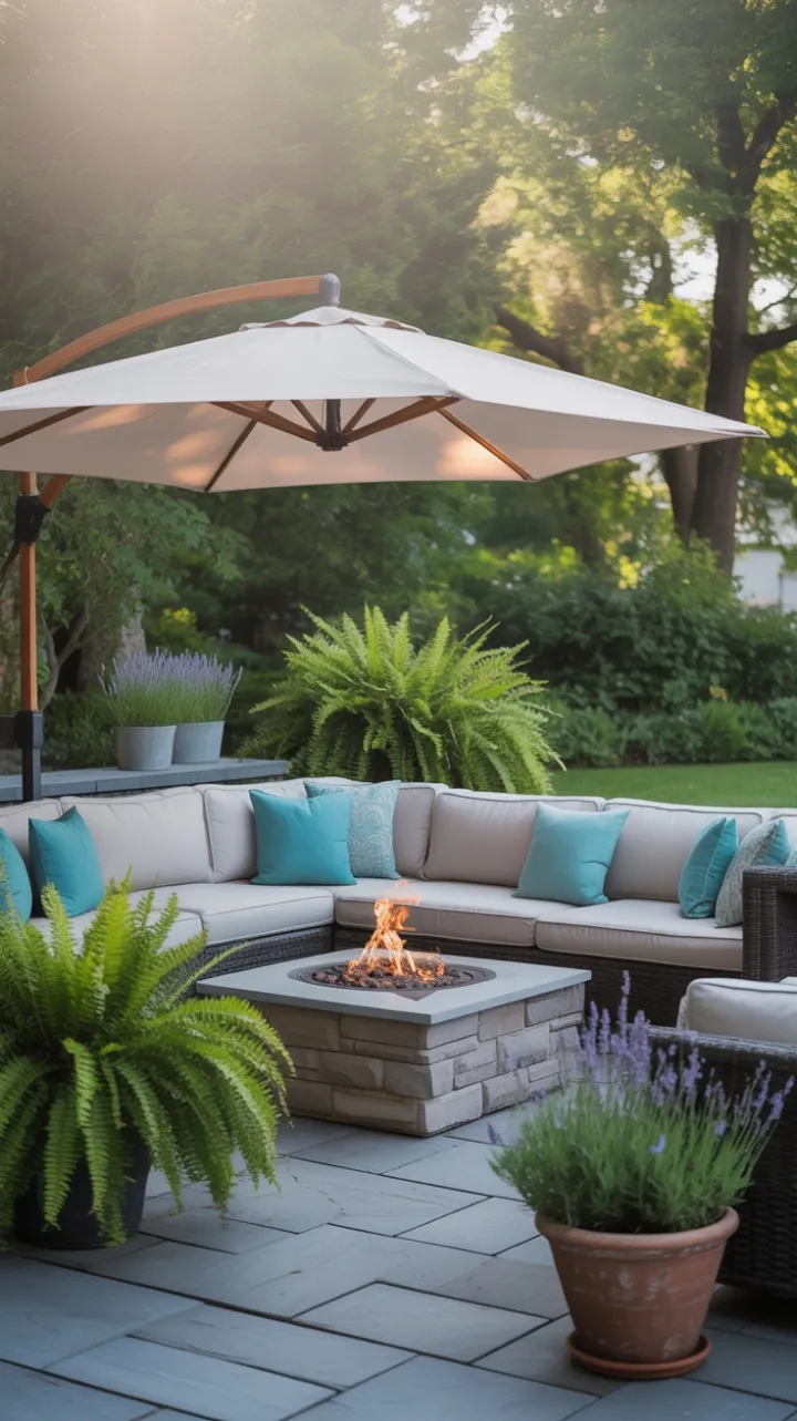 Sunlit Backyard Retreat with Cozy Sectional and Stone Fire Pit