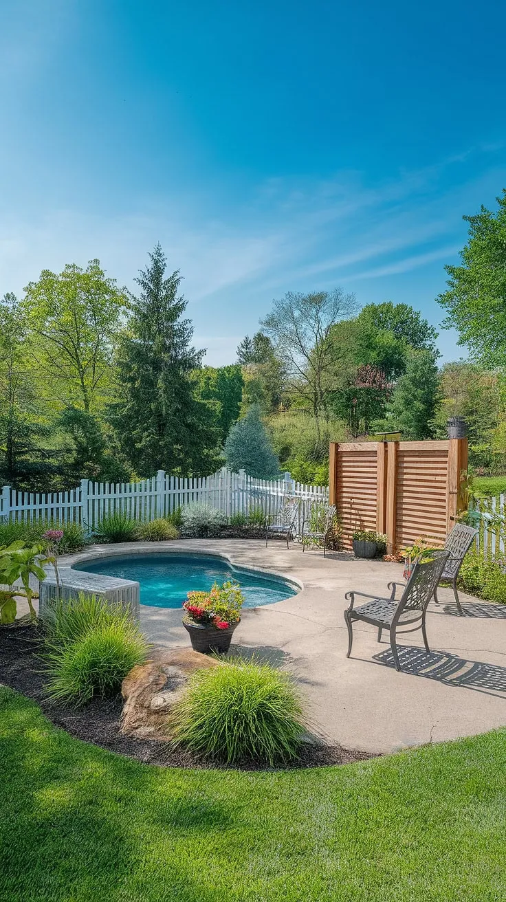 A tranquil backyard patio offers a perfect escape with a small pool and vibrant plants.