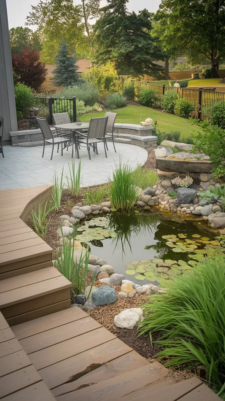 Well-maintained landscaping enhances a peaceful patio scene complete with a pond and inviting seating area.