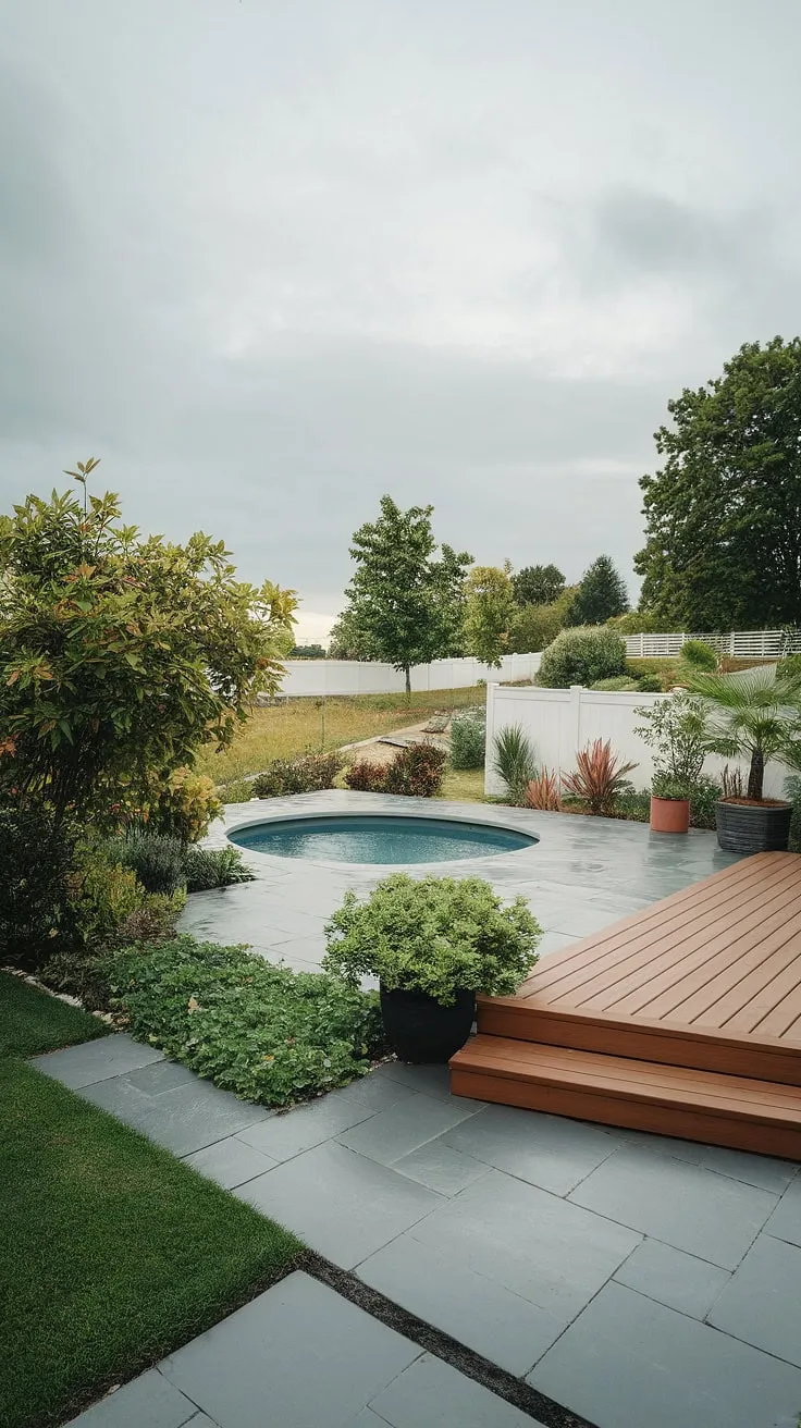 Overcast skies enhance the peaceful ambiance of a backyard oasis featuring a pool and wooden deck.