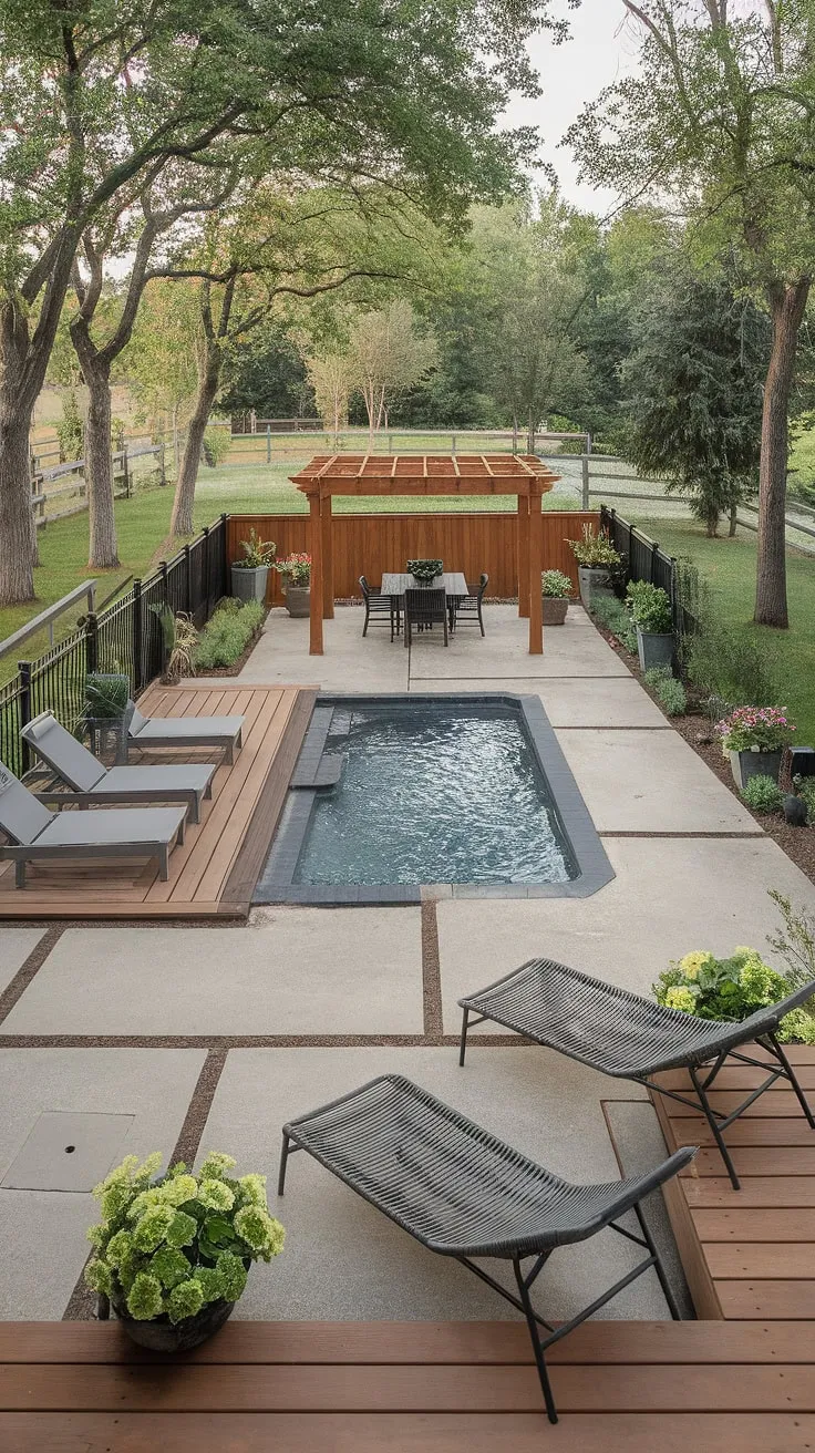 A tranquil backyard patio features a small pool, wooden deck, pergola, and lush greenery, creating a simple yet elegant oasis.