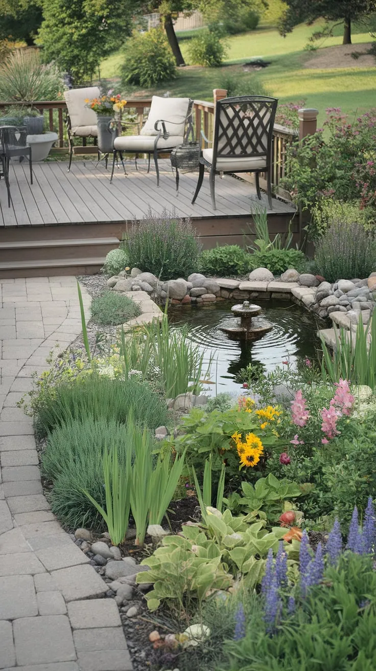 A serene backyard patio, complete with wooden deck, flowering garden, and tranquil pond fountain, offers an idyllic escape.