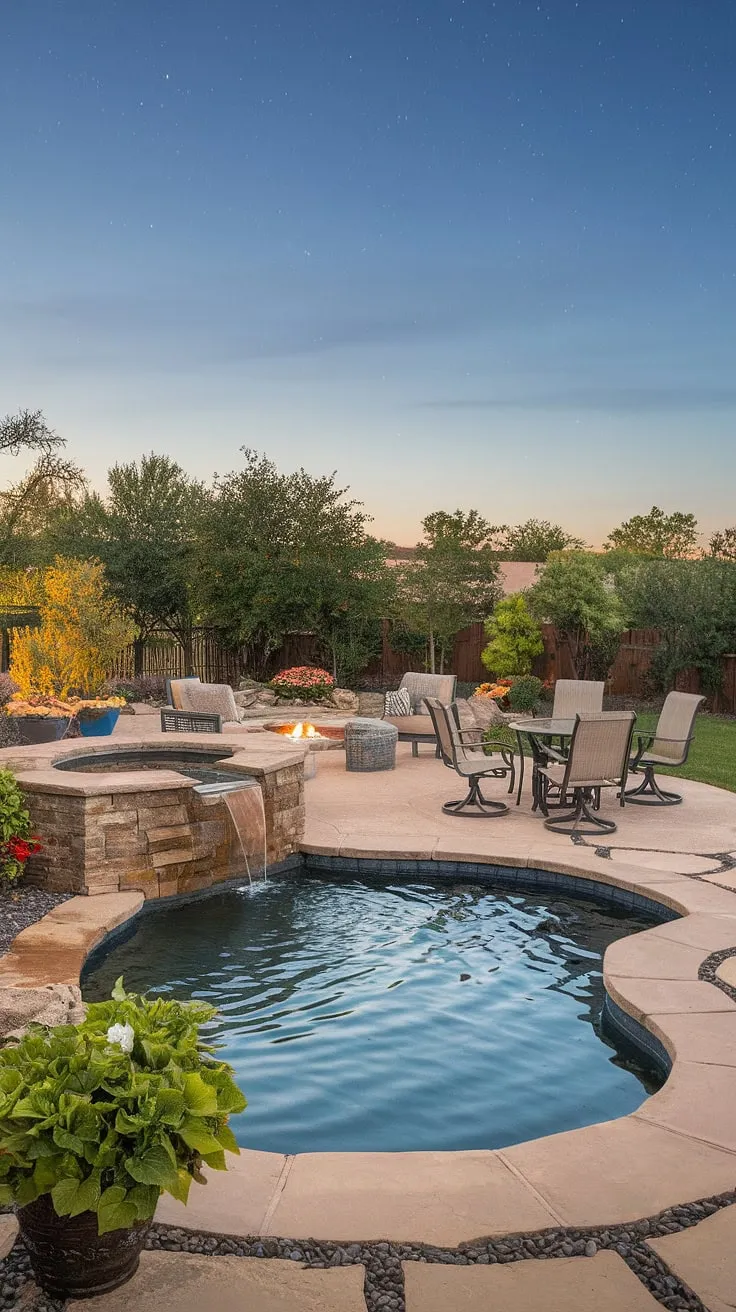 Under a starlit sky, a tranquil backyard oasis features a small pool, stone water feature, and inviting fire pit.