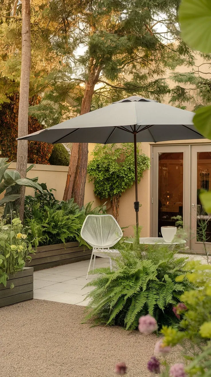 A tranquil backyard patio, shaded by a gray umbrella and surrounded by vibrant greenery, offers a peaceful retreat.