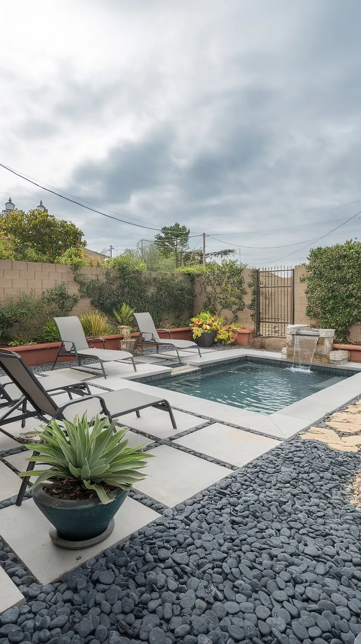 A tranquil backyard oasis features a petite square pool, waterfall, and comfortable seating, all nestled amongst grey pebbles and lush greenery.