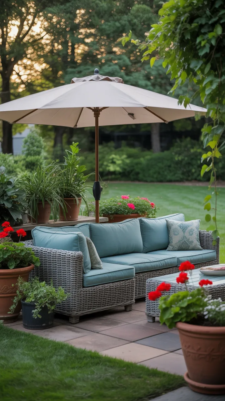 Serene Sunlit Patio with Teal Cushions and Lush Greenery