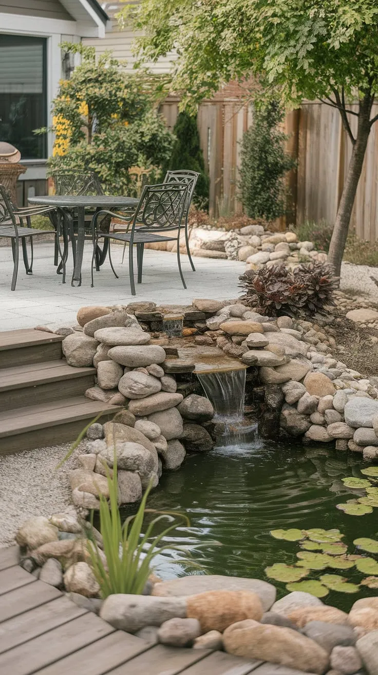 Escape to a tranquil backyard oasis featuring a waterfall, pond, and inviting patio furniture
