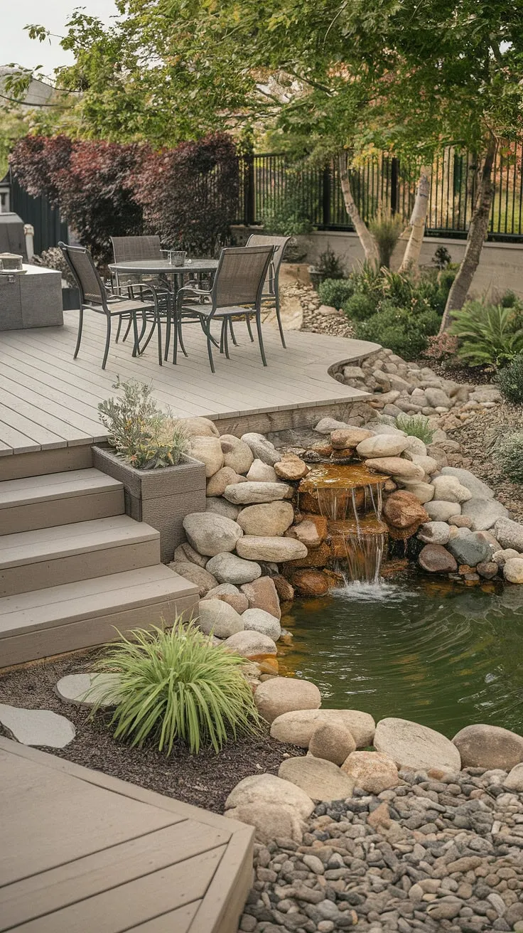A serene backyard retreat awaits, complete with a charming waterfall and comfortable patio seating.