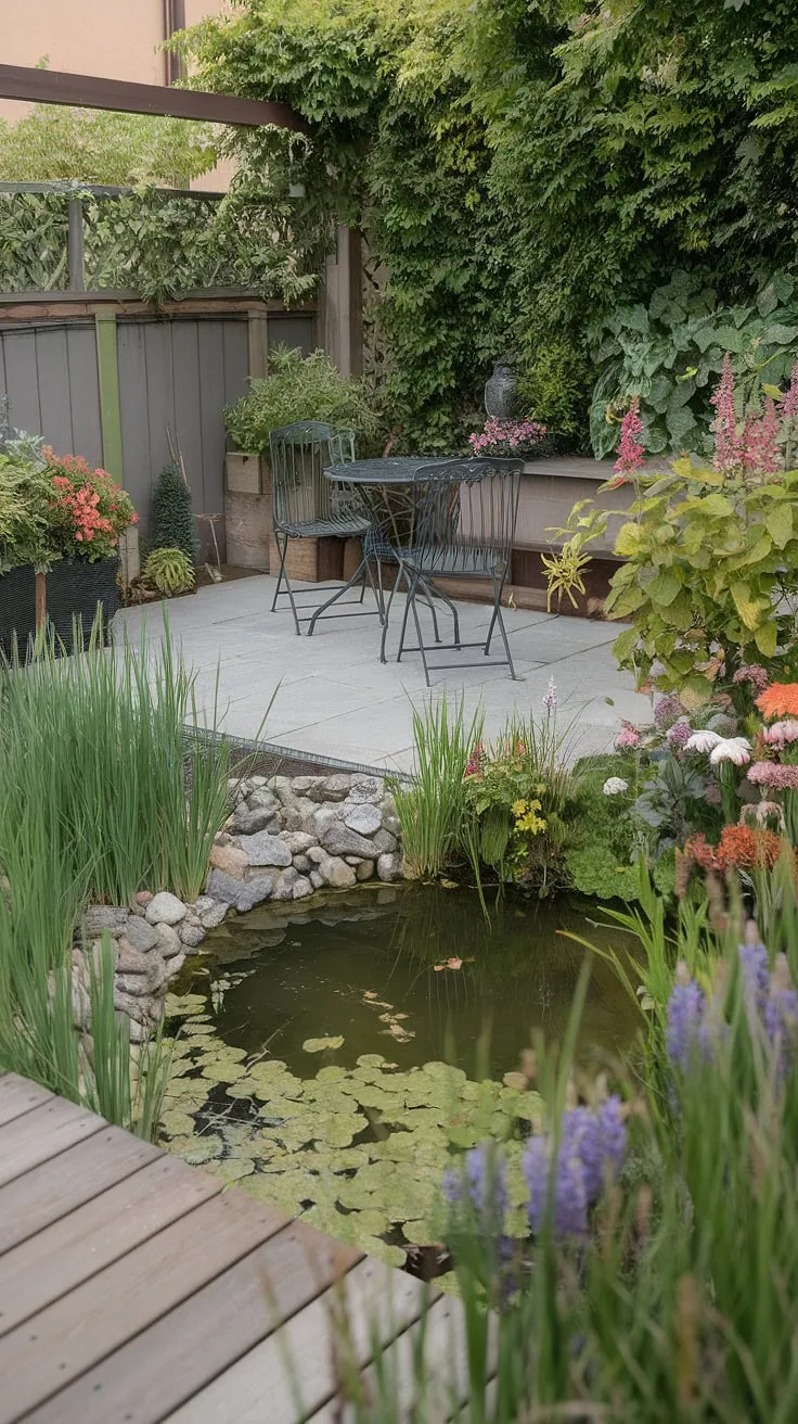 Lush greenery and colorful flowers surround a serene patio and pond, offering a calming outdoor retreat.
