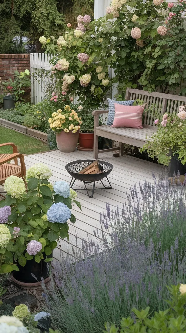 A charming backyard patio, complete with wooden deck, fire pit, and lush garden, offers a peaceful retreat.