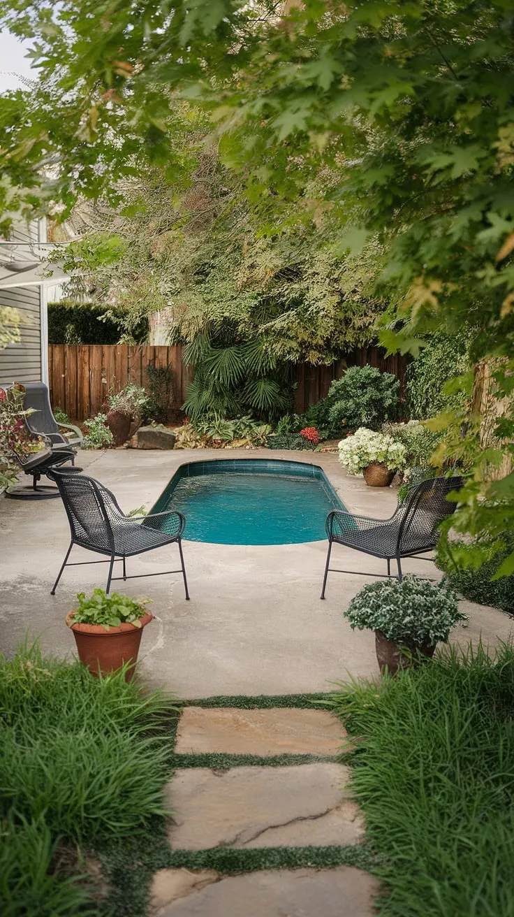 Serene backyard patio with a small pool, lush greenery, and stone pathway offers a tranquil escape.