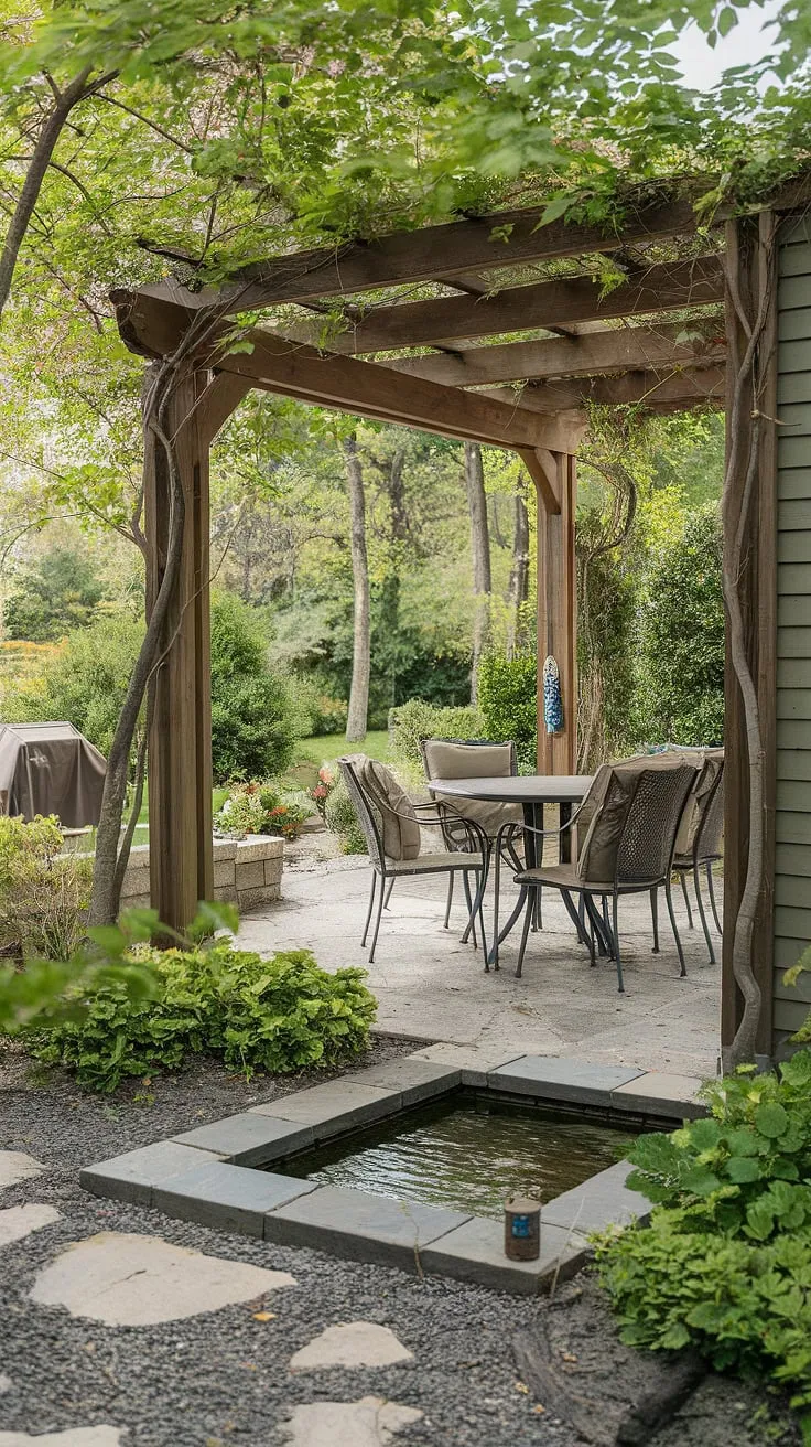 Lush greenery surrounds a tranquil backyard patio featuring a stone-paved area, wooden pergola, water feature, and comfortable seating.