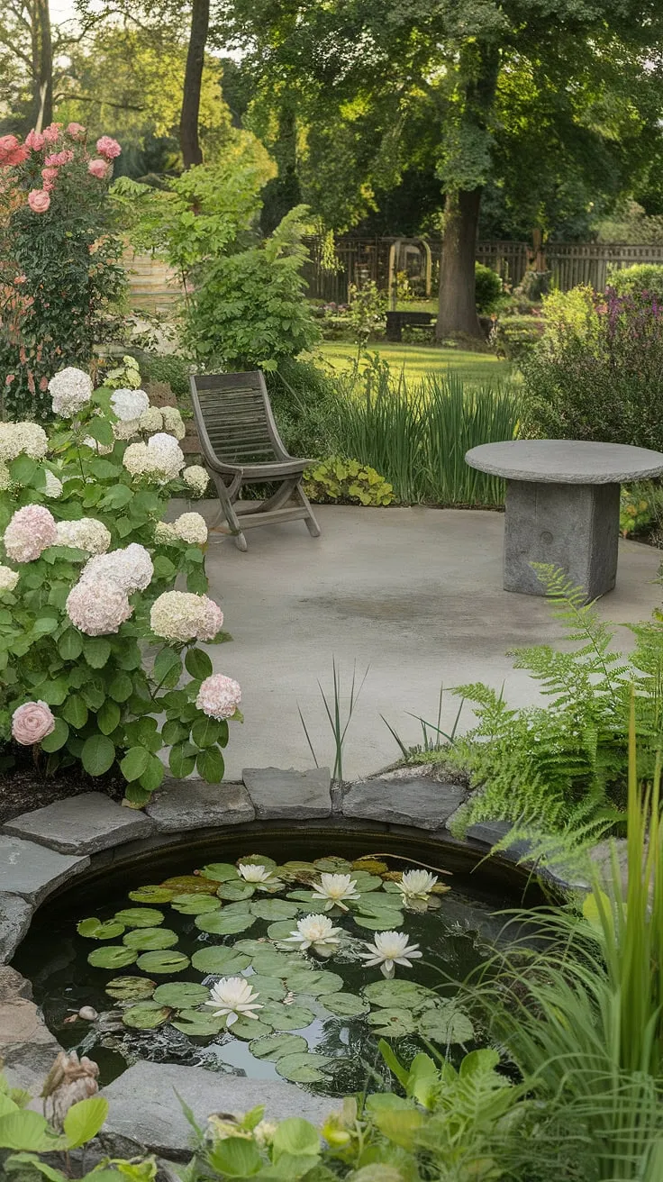 A tranquil backyard oasis features a charming pond, vibrant flora, and inviting patio furniture.