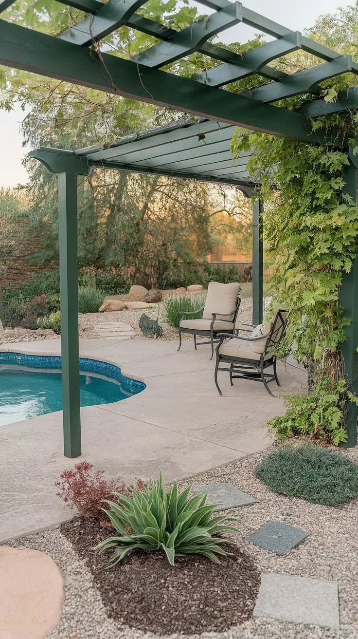A tranquil backyard oasis features a small pool, inviting patio, and lush landscaping, creating a perfect escape.