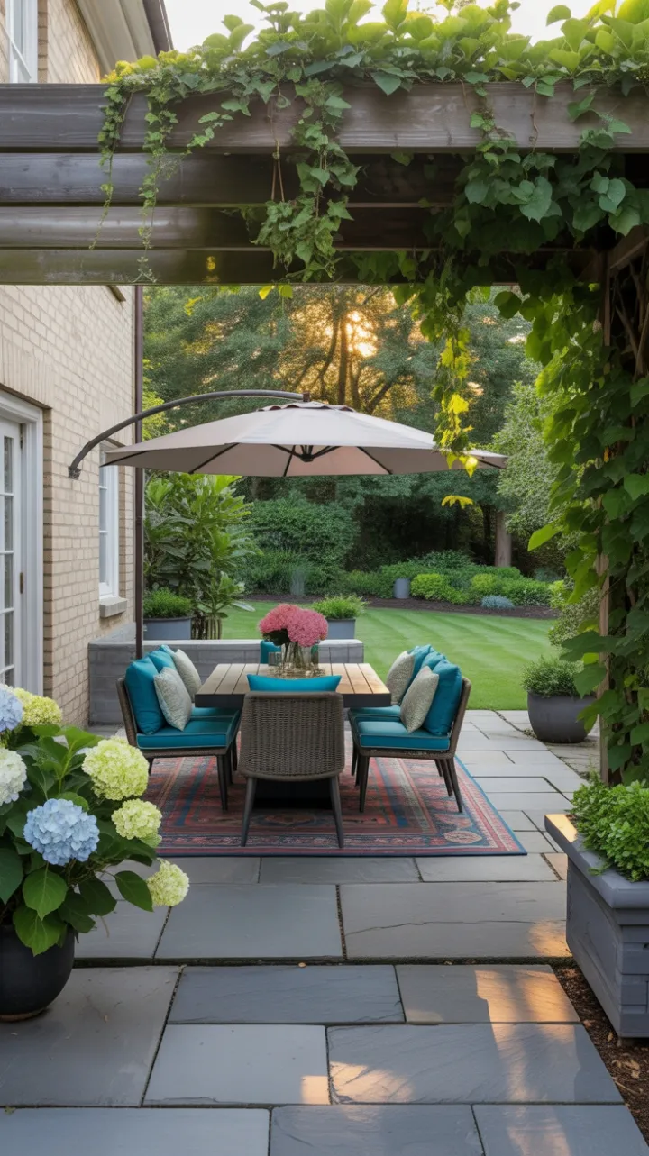 Entertainer’s Teal Oasis on a Tranquil Slate Patio