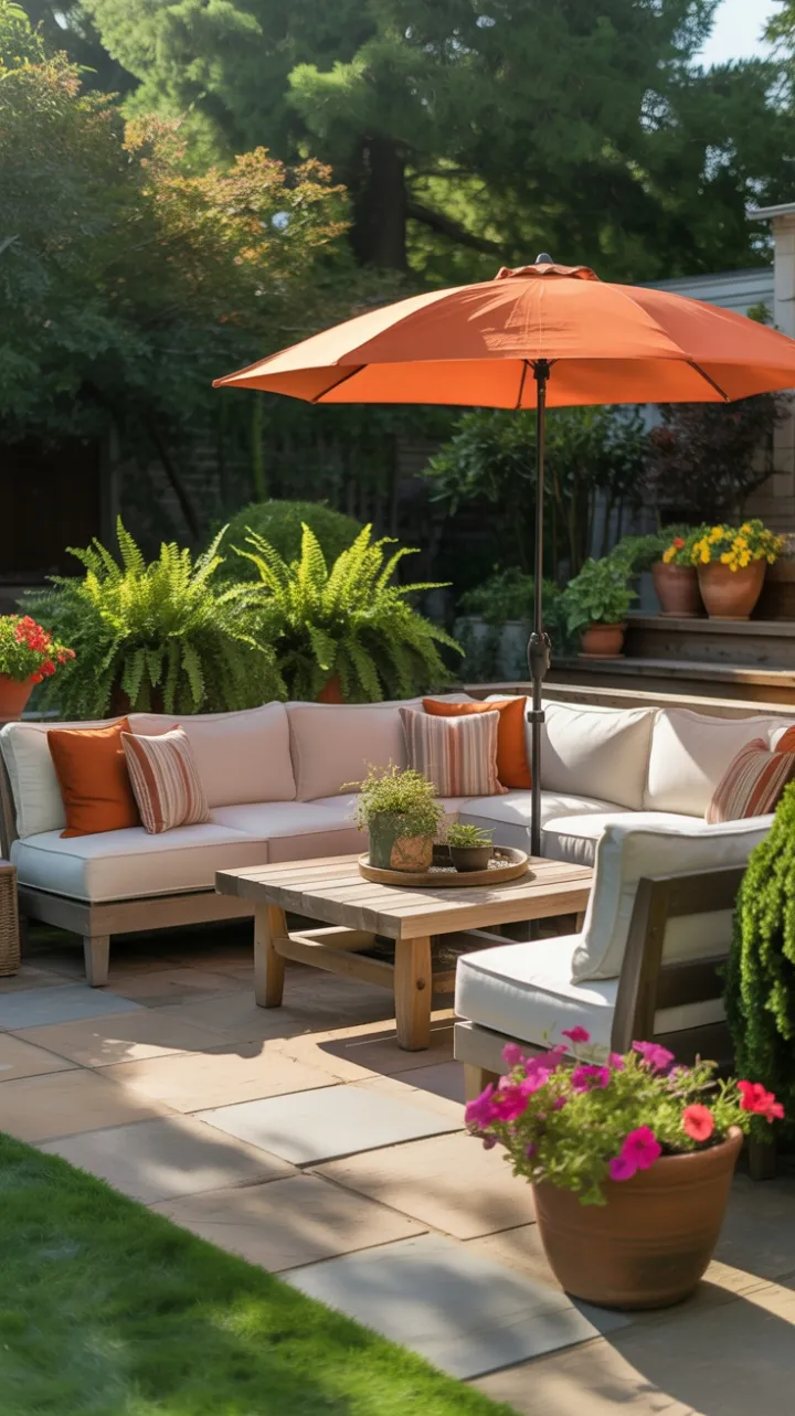 Sunlit Patio Oasis with Plush Sectional and Vibrant Orange Umbrella