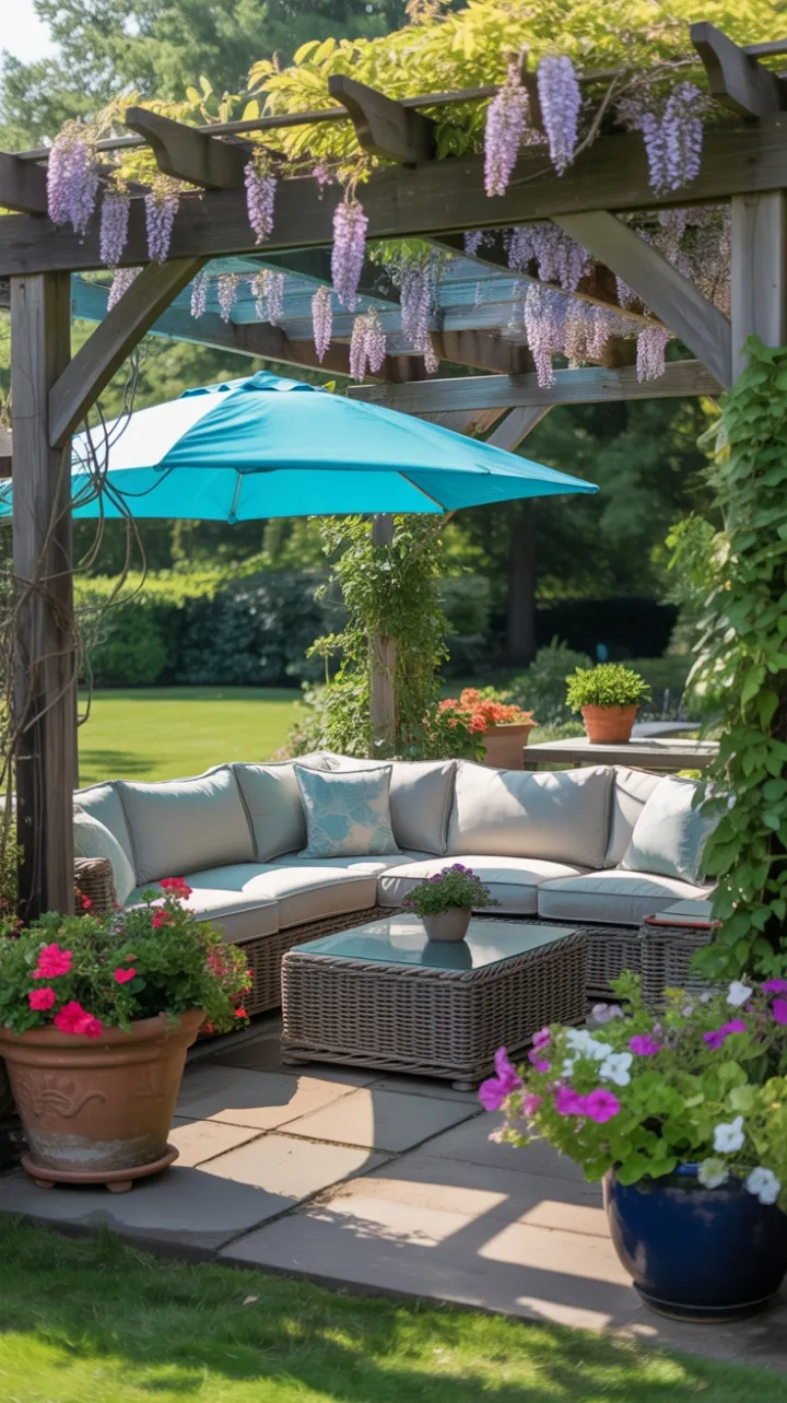 Wisteria-Shaded Backyard Retreat with Cream Sectional and Turquoise Umbrella