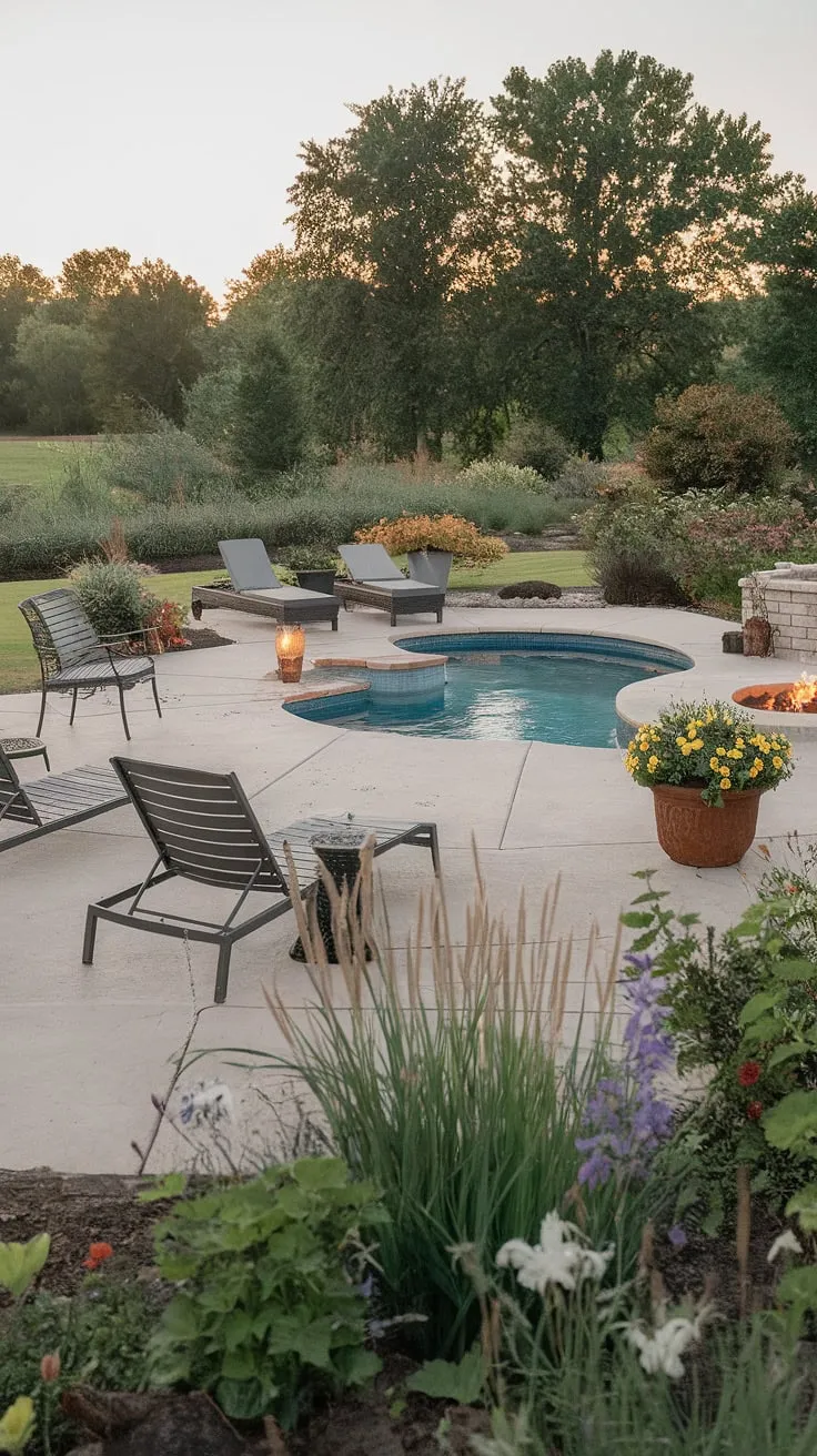 Escape to a tranquil backyard oasis featuring a pool, fire pit, and lush gardens