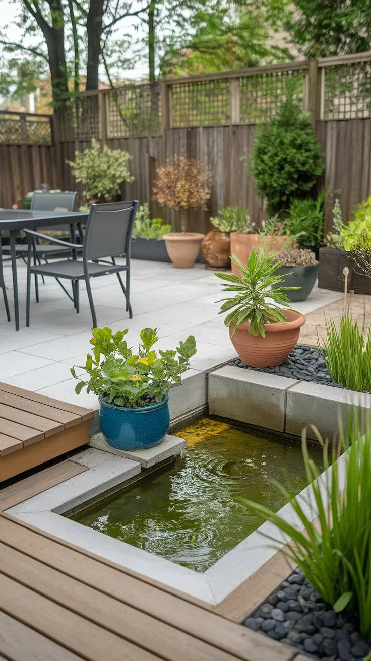 Wooden decking leads to an inviting patio set amidst well-tended greenery and a wooden fence.