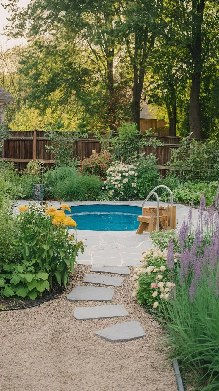 Lush greenery, a charming stone path, and a small pool create a tranquil backyard patio oasis.