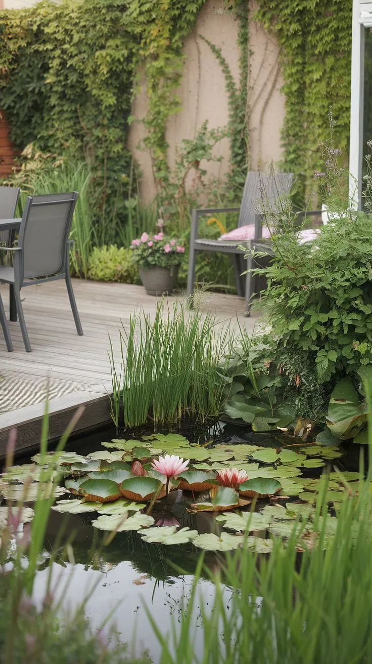 Serene backyard patio features a tranquil pond, lush greenery, and a wooden deck perfect for relaxation.