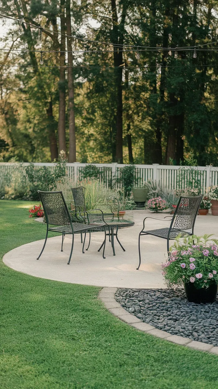 A serene backyard patio, bordered by lush lawn and flowering pots, offers a peaceful retreat under the shade of tall trees.