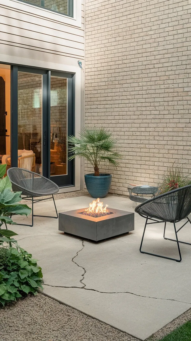 Evening warmth radiates from the backyard fire pit, illuminating a cozy patio scene.