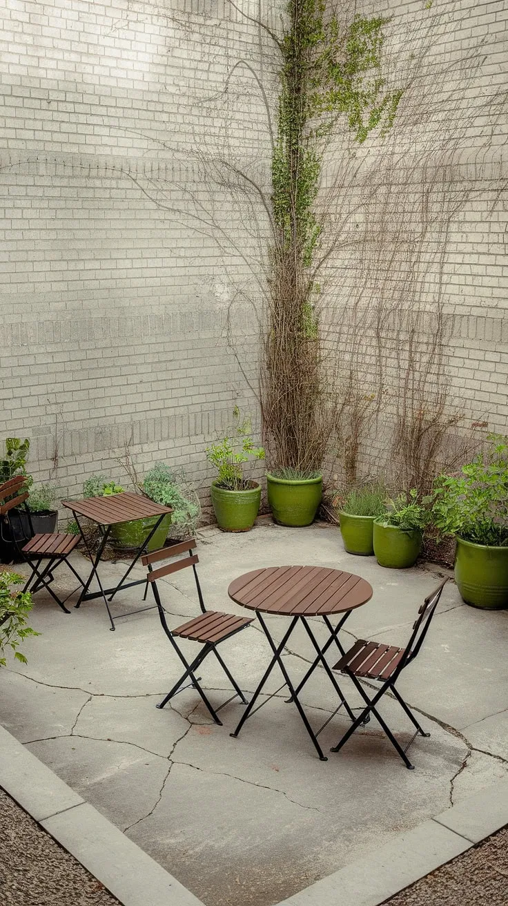 A brick-walled patio, adorned with greenery and two distinct seating areas, provides a peaceful backyard retreat.