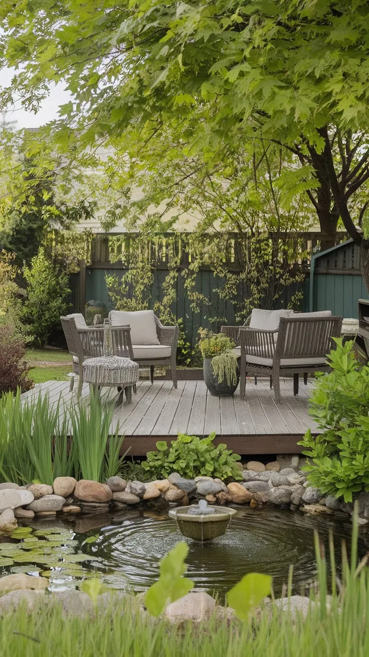 A peaceful patio scene offers serenity with a wooden deck, pond, and abundant foliage.